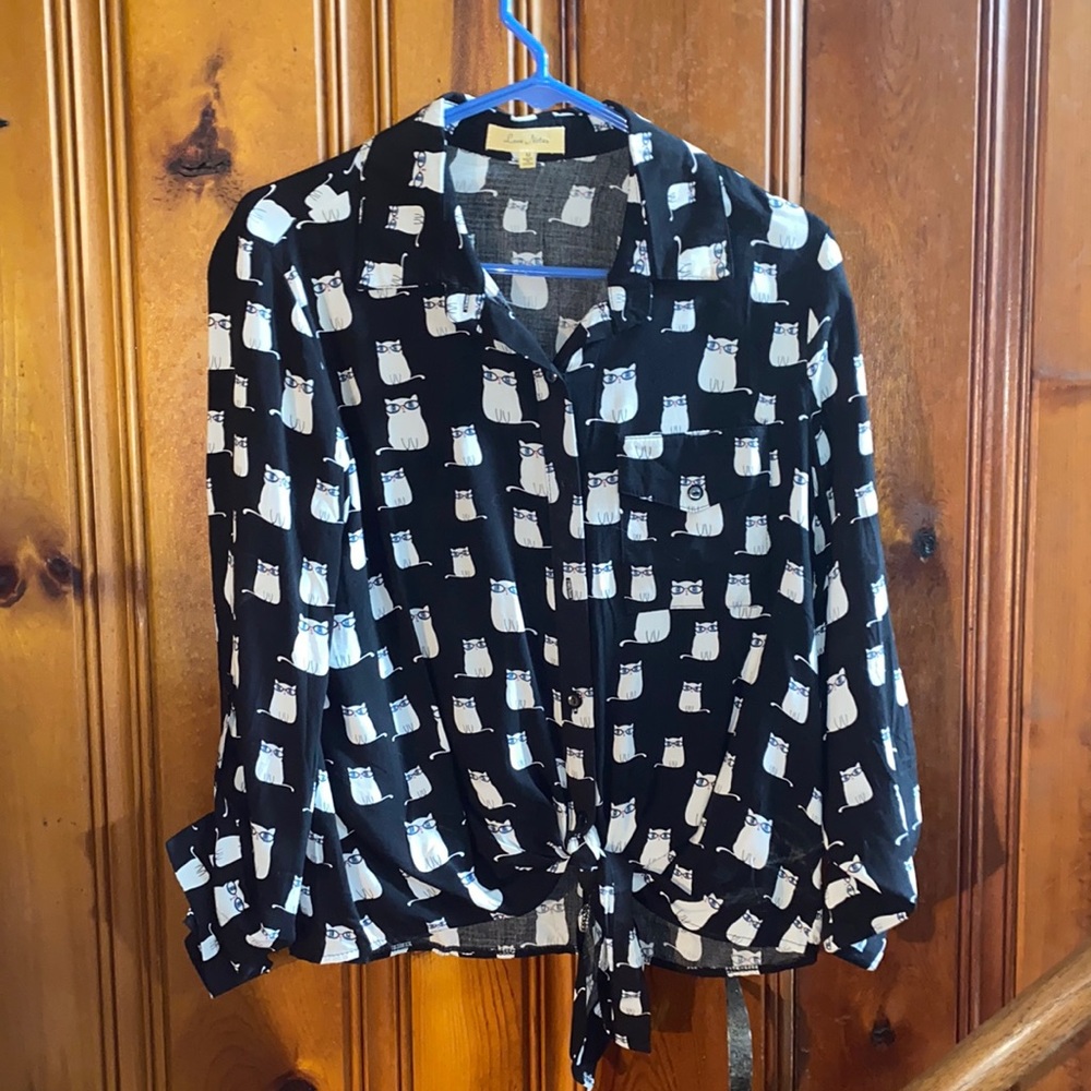 Love Notes Cat Print M Button Down Shirt
